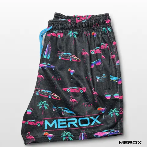 MEROX Miami Vice 5-Inch Mesh Shorts for Men & Women – Retro Neon Print Gym Shorts with Zipper Pockets, Breathable Athletic Workout, Running, Training, Festival & Summer Streetwear Shorts