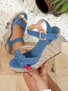 Women's Thick Sole Waterproof Platform Sandals, High Heel Denim Fabric Straw Weave Shoes Size 42, Comfortable Summer Footwear