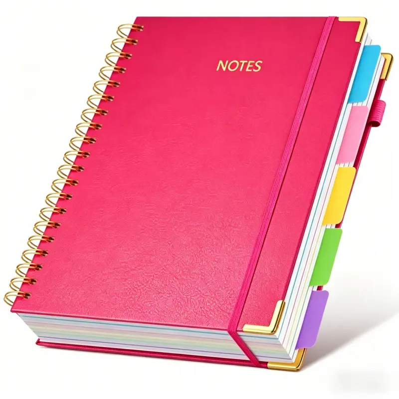 A5 Faux Leather Spiral Notebook with Elastic Band, 300 Sheets Thick 5 Subject College Ruled Notebook, No Ink Bleed Detachable Inner Pages, Wire Bound Journal Planner for College School Office Daily Diary, Portable Notebook, College Essentials
