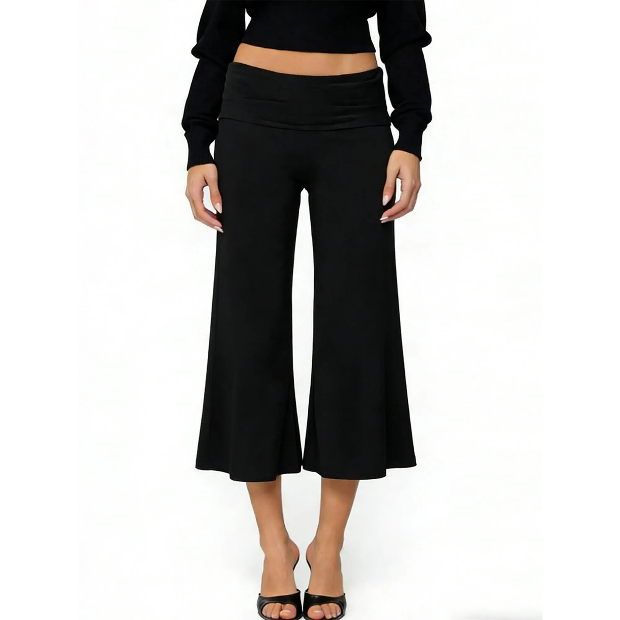 y2k Women Capri Pants Solid Color/Striped Fold Over Waist Low Rise Wide Leg Crop Pants Streetwear