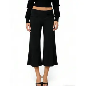 y2k Women Capri Pants Solid Color/Striped Fold Over Waist Low Rise Wide Leg Crop Pants Streetwear