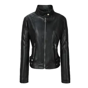 1pcWomen'SFauxLeatherBikerJacket,SexyStandCollarZip-UpMotoCoat,FashionSlimFitOuterwear,LongSleeveSolidColorPolyesterLined,Non-StretchWovenforSpring/FallCasualWear
