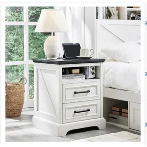 Nightstand with Charging Station, 18" Wide 23" Tall Farmhouse Bedside Table with 2 Drawers & Open Shelf, Wood Night Stand with AC Outlets USB & Type-C, for Bedroom Small Space