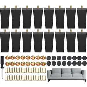 Set of 16 Black 6 Inch Square Solid Wood Furniture Legs Wooden Replacement Feet for Sofa Couch Chair Bed Cabinet Table, Includes Screws, M8 Iron Washers, Felt Pads & Screwdriver