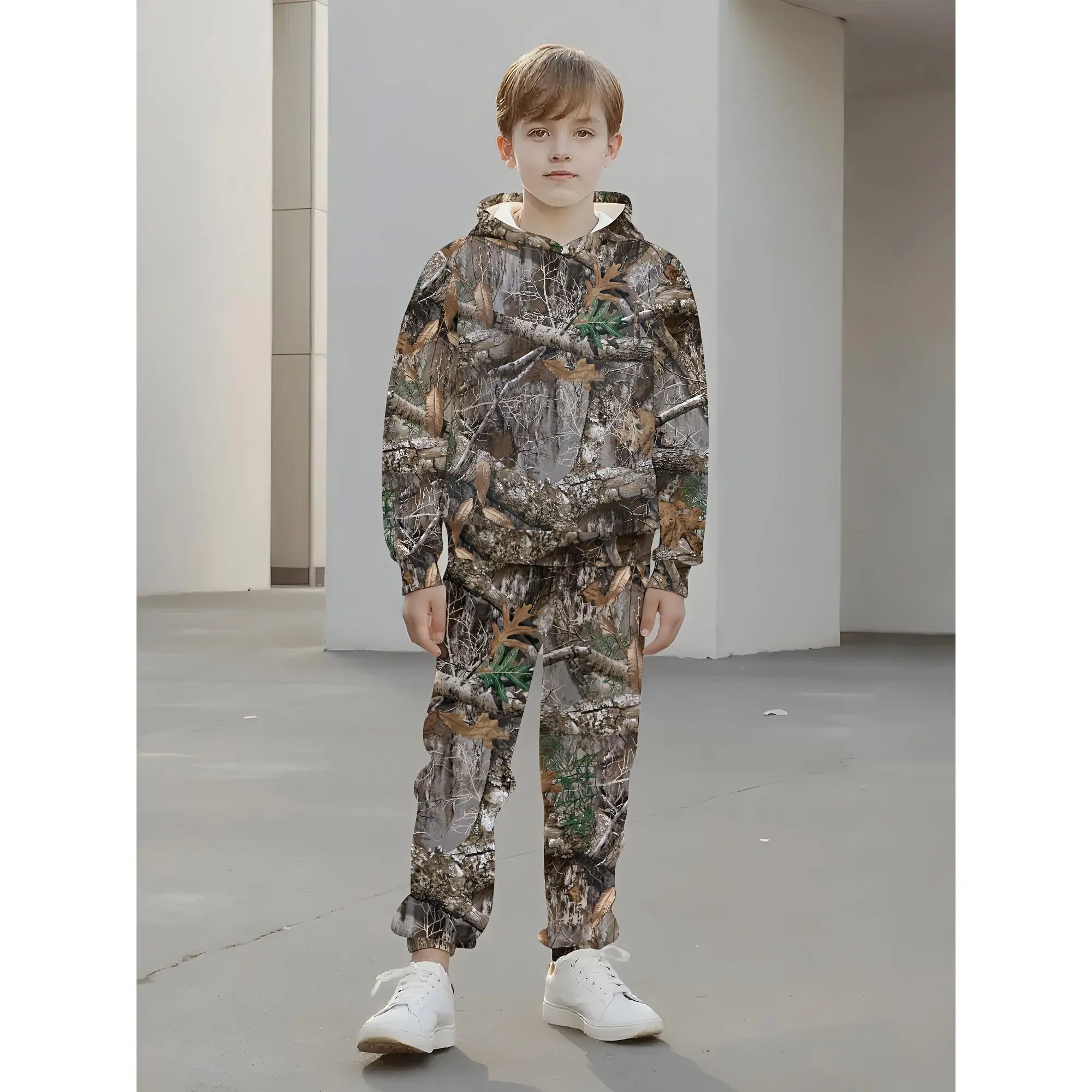 Tree Pattern 3D Hooded Boys' Regular Tracksuit Set |   Tracksuit Perfect for Spring and Fall Back-to-School Season - Hoodie and Casual Pants Set for Children 13 and Under, Suitable for Outdoor Activities, Sweatshirt and Sweatpants, Perfect for Outdoor