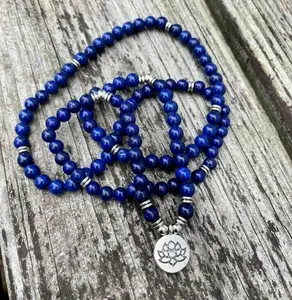 Natural 108 Lapis Lazuli Mala Beads Necklace - Multi-Strand Healing Meditation Beads for Yoga, Peace, Positive Energy, Protection & Throat Chakra Bracelet