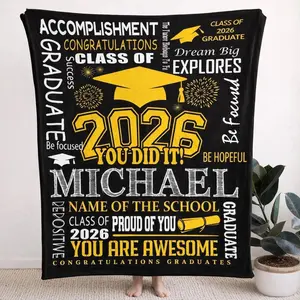 I graduated！Personalized Class of 2026 Graduation Blanket, Black Gold Word Cloud Throw Blanket, Custom "Michael" Graduation 2026 Gift, Graduation 2026 Gifts