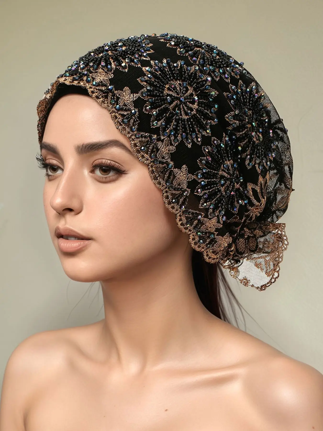 Women's Embroidered Polyester Headscarf Hat, Elastic Breathable Muslim Cap with Rhinestones, Perfect for Chemotherapy Patients