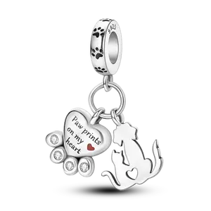 MULA 925 Sterling Silver Paw Print Heart Pendant | Pet Memorial Jewelry with CZ Gemstones and Enamel | Tribute Jewelry for Dog and Cat Lovers | Fits Pandora Bracelets and Necklaces | Meaningful Gift