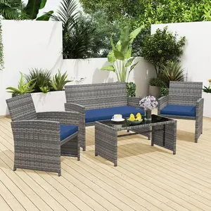 COSTWAY - 4 Piece Patio Conversation Set Rattan Chair Loveseat and Table Set-Navy