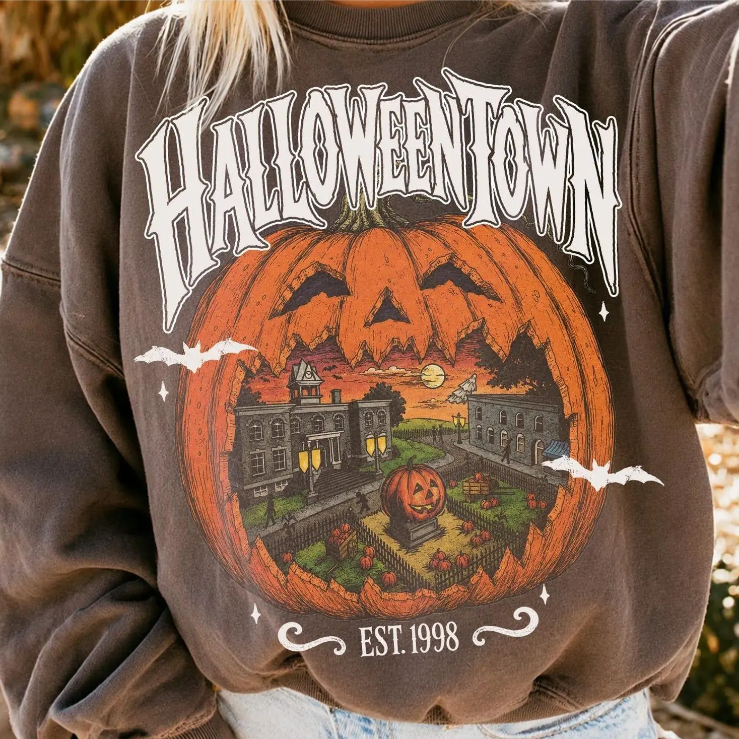 Vintage Halloweentown Sweatshirt, Pumpkin Village Shirt, Haunted Pumpkin Scene, Retro Spooky Season Sublimation, Fall Halloween Graphic Png