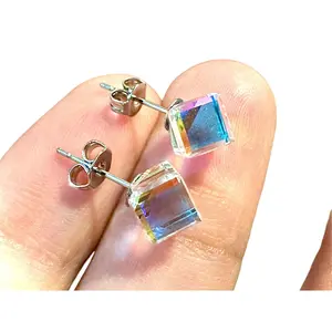 18K White Gold Plated 5MM Square Aurora Borealis Crystal Earrings Women