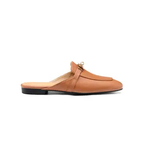 Women's Minimal Turn Lock Decor Mule Slides, Premium Smooth Leather Casual Office Footwear