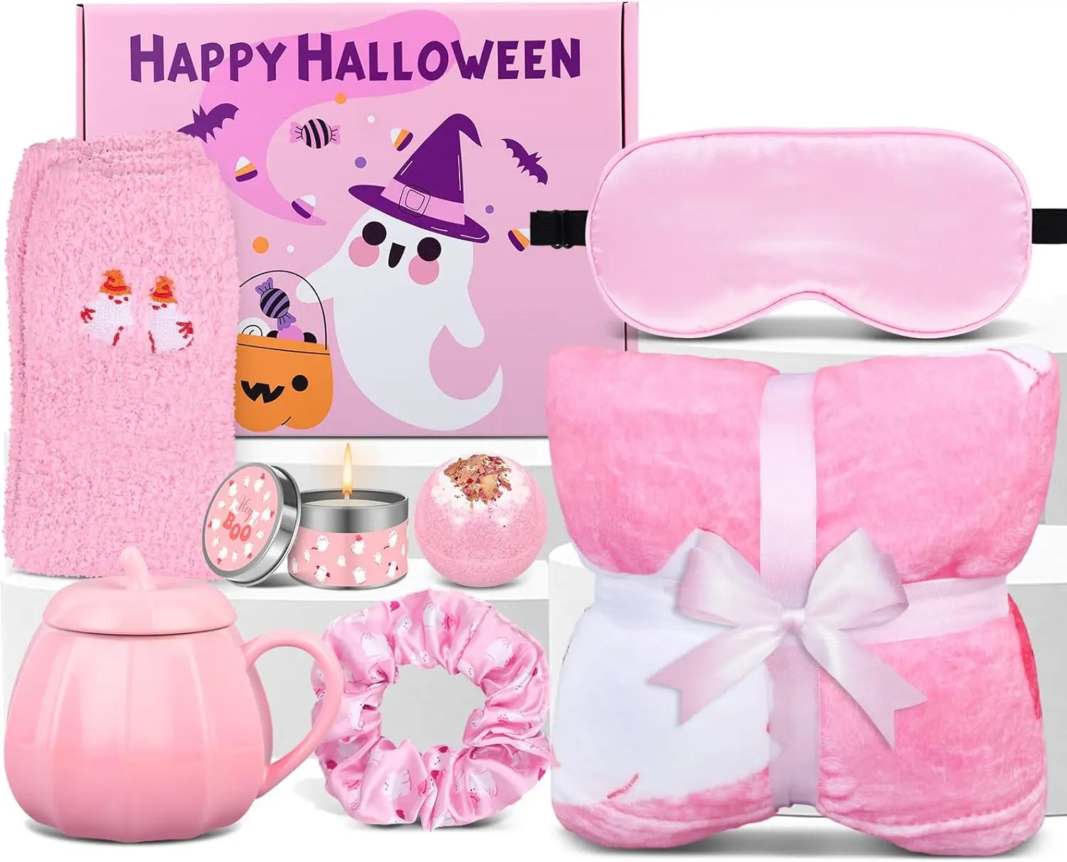 Halloween Gift Pink Halloween Boo Basket Gift Set for Women – Pumpkin Mug & Cute Boo Throw Blanket, Spooky Halloween Gifts for Her, Girlfriend & Teen Girls