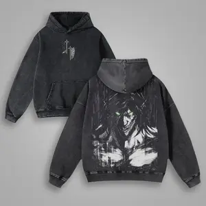 Eren Yeager Attack On Titan Hoodie Anime Double Printed Vintage Washed Hoodie Oversize Anime Manga, Gift For Anime Fan, Anime Lover, Anime Merch