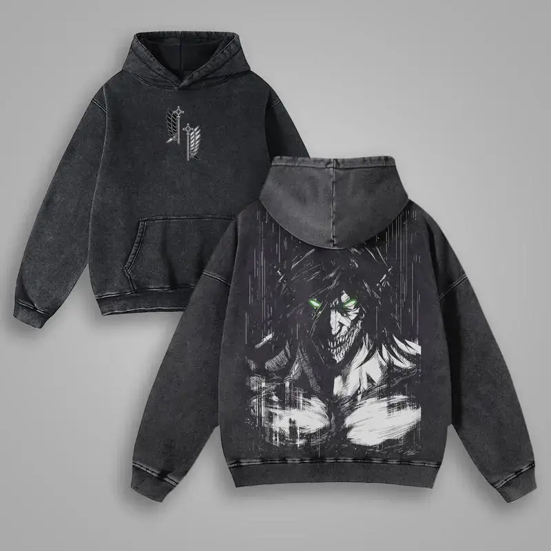 Eren Yeager Attack On Titan Hoodie Anime Double Printed Vintage Washed Hoodie Oversize Anime Manga, Gift For Anime Fan, Anime Lover, Anime Merch