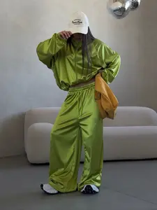 2026 New Arrival Women's Lake Blue Satin Tracksuit, Oversized Loose Fit with Cropped Top