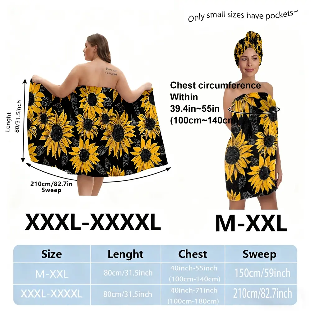 XXXXL plus-size bathrobe set with an elegant Floral sunflower Print pattern design, Lightweight, suitable for women, ideal for use after bathing, at the spa, or by the pool as an absorbent hair wrap. A must-have for home or travel