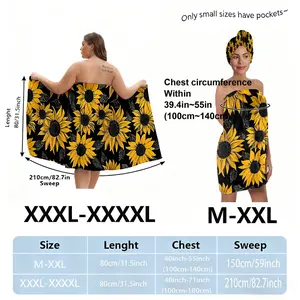 XXXXL plus-size bathrobe set with an elegant sunflower pattern design, suitable for women, ideal for use after bathing, at the spa, or by the pool as an absorbent hair wrap. A must-have for home or travel.