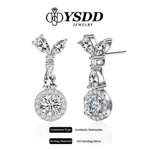 【#292 Fiona】Round Halo Dangle Synthetic Moissanite Earring in 925 Sterling Silver 1/2Carat Each