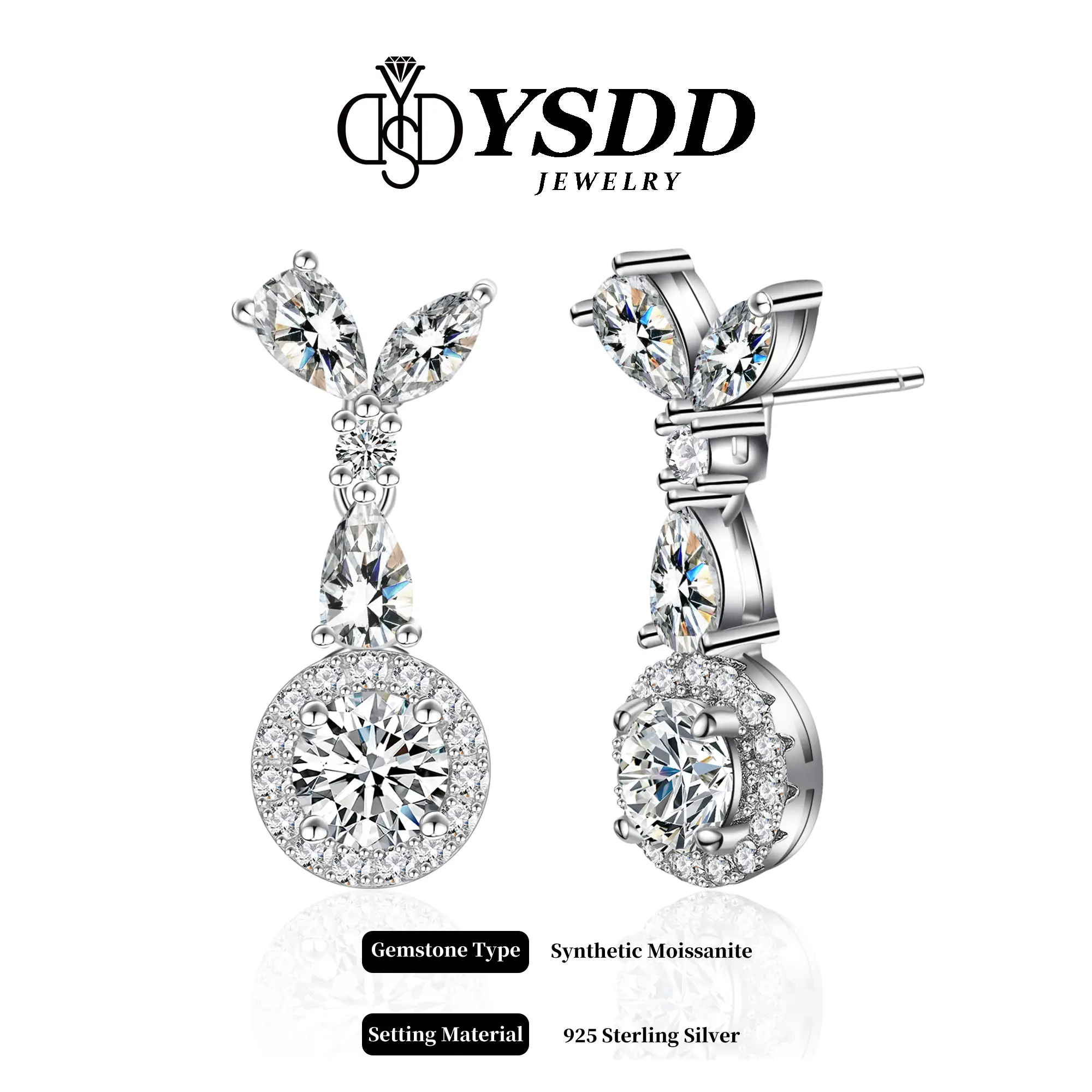 【#292 Fiona】Round Halo Dangle Synthetic Moissanite Earring in 925 Sterling Silver 1/2Carat Each