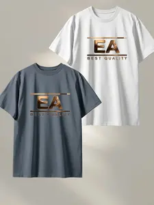 Men's Trendy Ea Gold Foil Print T-Shirt, Essential Casual Round Neck Comfortable Short Sleeve Top, Slim-Fitting Fashion Tee