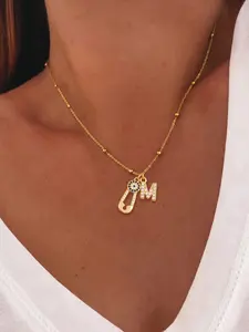 Women's Stainless Steel Bead Chain Necklace, Dainty Fashion Jewelry, Casual Style Zirconia Pin Letter Pendant Design, All-Season Jewelry Accessory