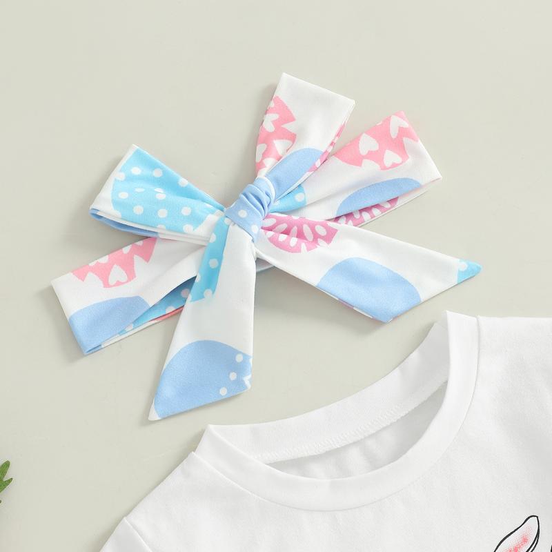 Girls Easter Outfit 6 9 12 18 24Months 2t 3t 4t Short Sleeve Tractor Print T-shirt with Eggs Print Flare Pants and Headband Summer Outfit