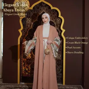Linen Elegant Kuwait Daraa Abaya dress with unique cream black and orange Embroidery on sleeves with pearls