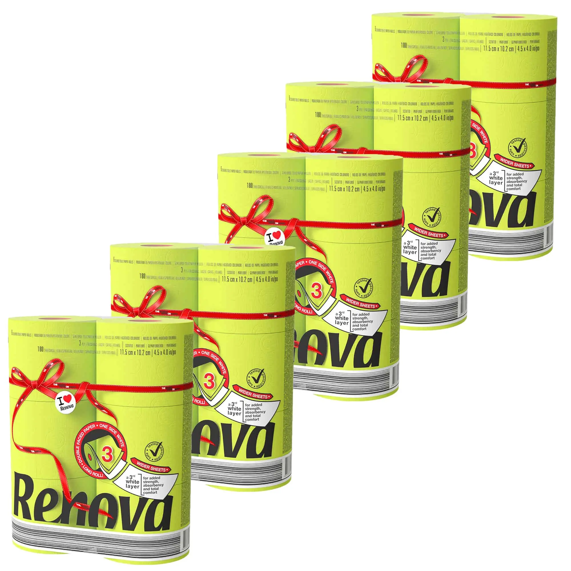 Renova 30 Lime Green Toilet Paper Jumbo Rolls  - 5 Packs of 6 loo - 180 Sheets Each - 3 Ply - EMAS & Ecolabel Certified - Dermatologically & Gynecologically Tested - Elevate Your Restroom with Sustainable Luxury - Soft, Strong & Sustainable