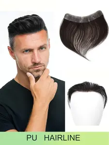 Men's Forehead Hairline Wig Pieces, Toupee, Realistic Hairpiece, Real Human Hair, PU Leather Base Net, Natural Hairline Replacement System, Straight Hair Extensions