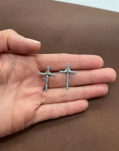 Sleeping Beauty Turquoise Needlepoint Cross Post Earrings by Olivia Pinto, Zuni