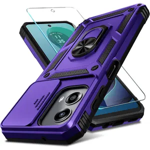 Compatible with Moto G 5G 2024 Case Built in Slide Camera Lens Cover+Screen Protector+Finger Ring Holder Kickstand,Heavy Duty Shockproof Full Body Protective Phone Cover,Purple