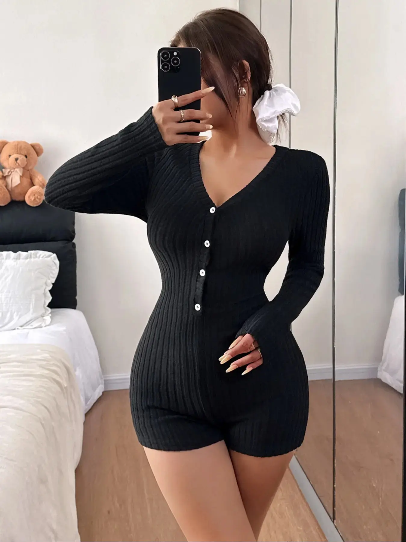 Women's Winter Fashion Basic Minimalist Style Ribbed Fleece Lined Thermal Warm Long Sleeve Sleepwear, Loungewear, Comfortable Sleepwear, Ultimate Comfort, Soft Fleece Fabric, Jumpsuit