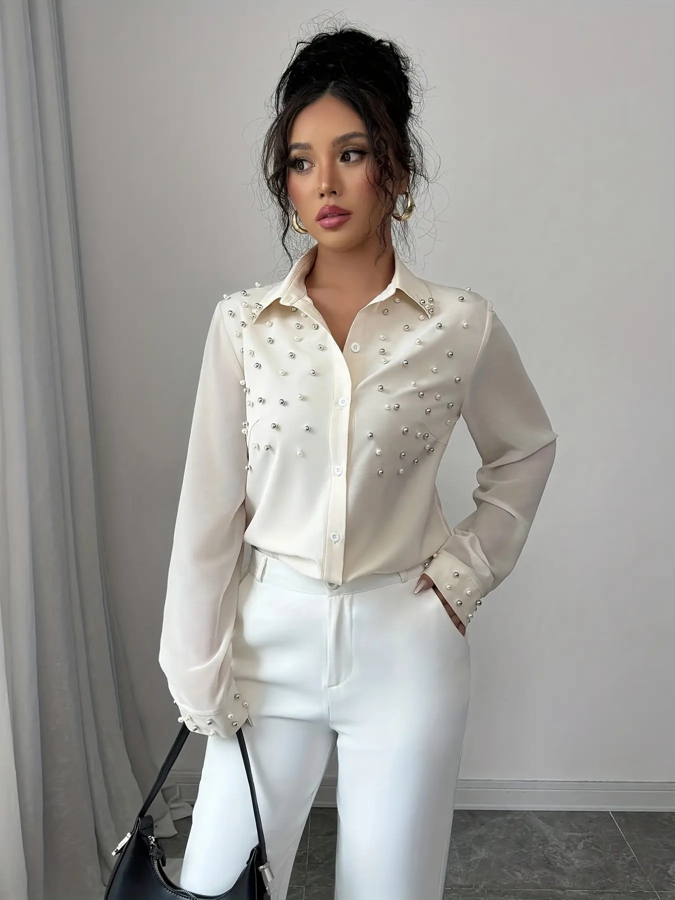 A fashionable women's multi color nail bead lapel long sleeved shirt with nail bead design adding elegance, suitable for commuting to work, shopping and outdoor activities, indoor and outdoor dressing Blouse