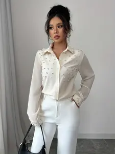 A fashionable women's multi color nail bead lapel long sleeved shirt with nail bead design adding elegance, suitable for commuting to work, shopping and outdoor activities, indoor and outdoor dressing Blouse