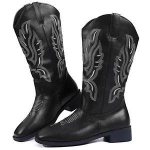 Ecetana Cowboy Boots for Women Wide Calf Square Toe Embroidered Western Cowgirl Boots with Unique Wing Design Black Leather