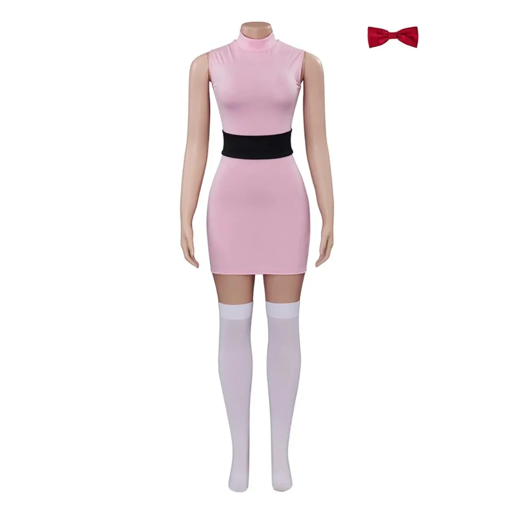 Women's Stretchy Pink Cartoon Costume Dress with Belt - Superhero Cosplay Accessories for Girls, Casual, Style, Fabric, Matching, Comic, Clothes, Women's Clothes, Polyester, Superheroes, Casual Cosplay, Stretchy Fabric, Powerpuff Costume, Flattering Cut