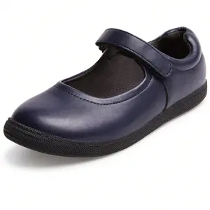 Girls' Black Leather Mary Jane Flats - Round Toe, Velcro Strap, All-Season, Elegant, Versatile, School Uniform Shoes, Wedding Dress Shoes