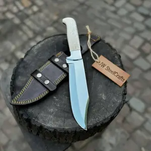 JW SteelCrafts Frontier Bowie Knife, Hand Forged High Carbon Steel Clip Point Blade, Black Micarta Handle, Full Tang with Leather Sheath