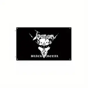 A Flag Featuring a Heavy Metal Theme with a Gothic Design of Demon Horns in Black And White, Made from Durable Polyester.This Hanging Decoration Is Suitable for Homes, Garages, Parties, And Events