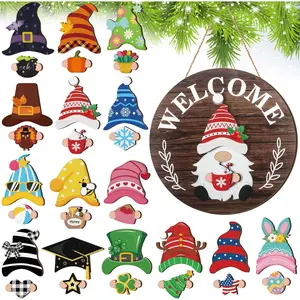 Qunclay Interchangeable Wooden Gnome Decor Holiday Seasonal Gnome Decorations with Magnet Pieces and Detachable Hats Changeable Welcome Sign for Home(Attractive Style)