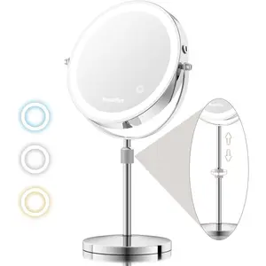 8 large lighted makeup mirror with magnification 15x1x rechargeable magnifying mirror with lights stepless dimming light up table mirror with adjustable height 360 rotation vanity makeup mirror