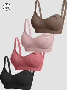 4 PCS Maternity Wireless Nursing Bras 4-Pack, Ribbed Breastfeeding Bras with One-Handed Clasp, Adjustable Straps Daily Wear