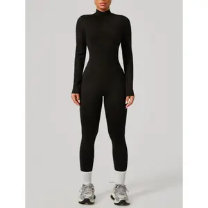 Women's Solid Zip Up Skiing Jumpsuit, Casual Sporty Long Sleeve thermal Quick-Dry Jumpsuit for Skiing Cycling, Ladies Sportswear for Fall & Winter, Yoga Gym Workout Running Wear, 3D Structural Seam Design
