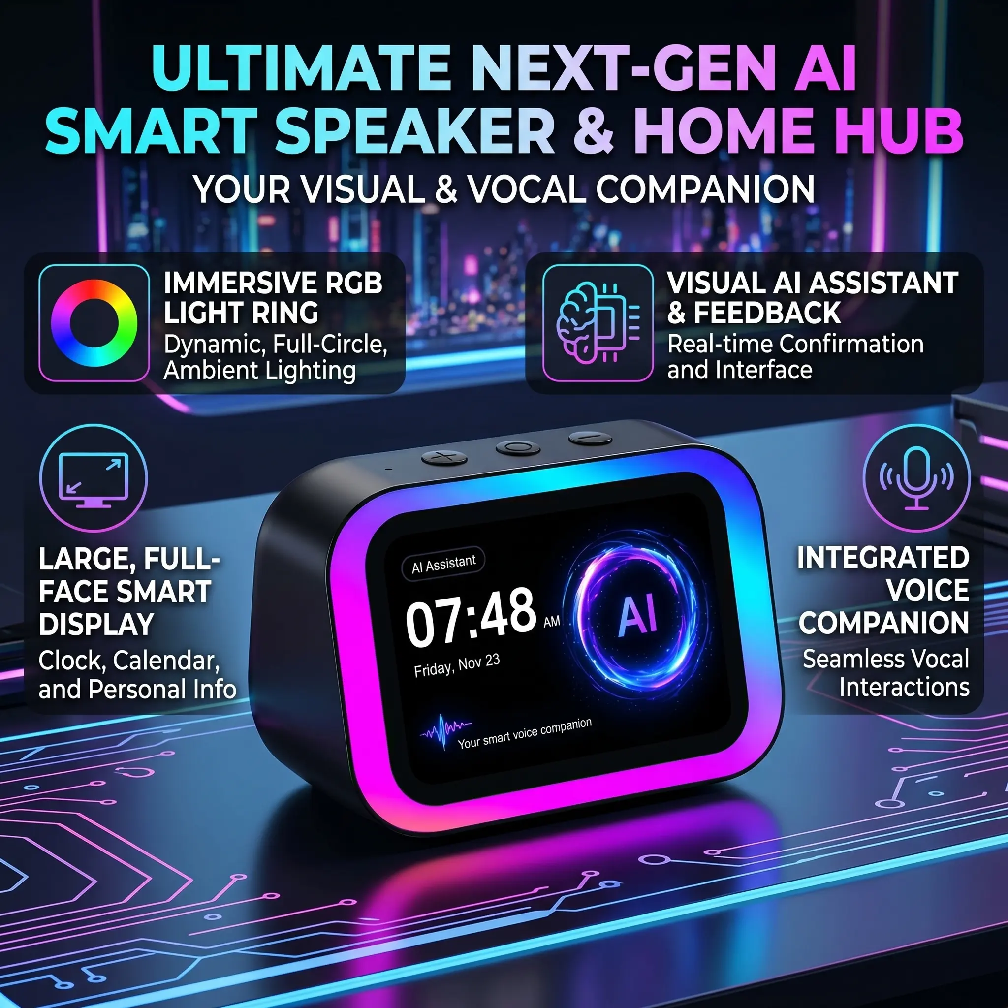 White Digital Alarm Clock with Large Smart Display Screen, Built-in Voice Assistant & Real-Time Weather Forecast Display, Aesthetic Stylish Desktop Clock for Bedroom Home Office Daily Use