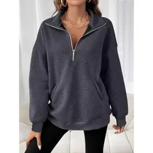Plus size women's zipper solid color pullover, casual long sleeved off shoulder hoodie, autumn and winter fashionRAIMENTRY
