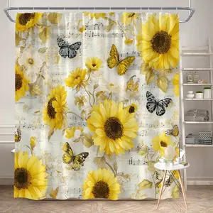 1Pc Spring Floral Shower Curtain Sunflower and Butterfly Pattern Vintage Music Notes Design Polyester Fabric Bath Hanging Curtain Bathroom Decor 70.8x70.8 Inch with Hooks