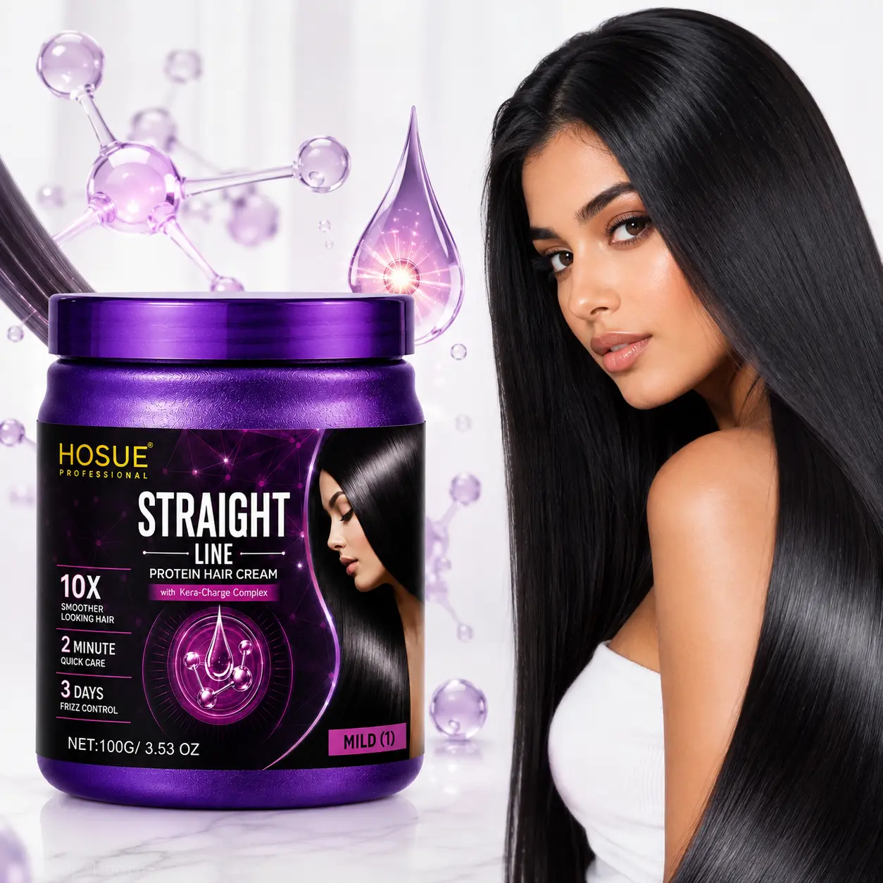 HOSUE Protein Hair Straightening Cream, 100g Each, Keratin& Coconut Oil Hair Smoothing, Helps Reduce Frizz Appearance, Enhance Softness and Shine, Easy At-Home Styling Cream for Curly, Wavy, Thick and Textured Hair, Salon-Inspired