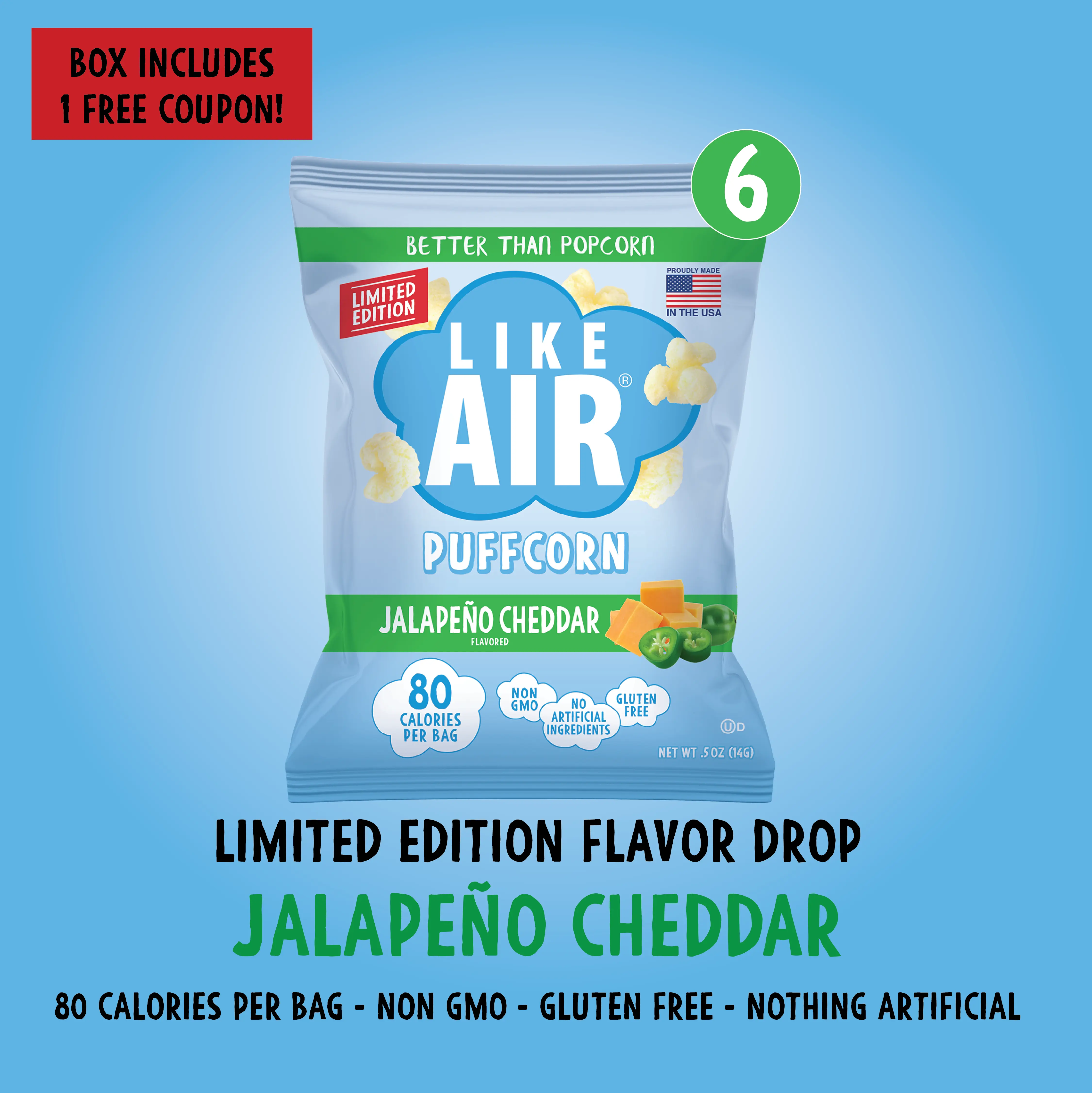 Jalapeño Cheddar Puffcorn Single Serve  - 6 bags - Like Air Puffcorn